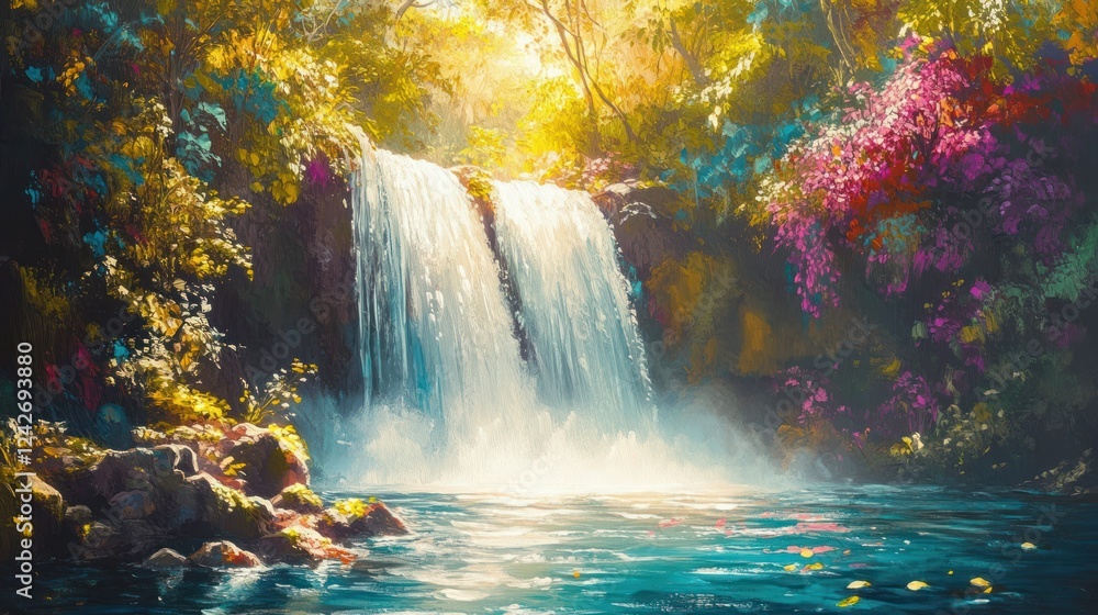 Obraz premium Tropical waterfall, lush jungle, sunlight, tranquility; nature background