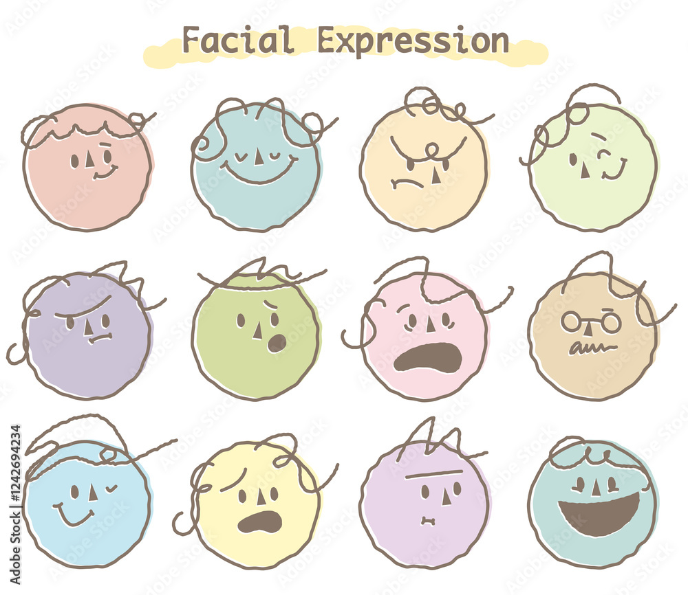 Obraz premium Abstract flat face with variety cute and funny facial expression set. Cartoon doodle style round character emotion. Comic colorful happy, calm, worry, angry, anxiety, smile face with line draw hair