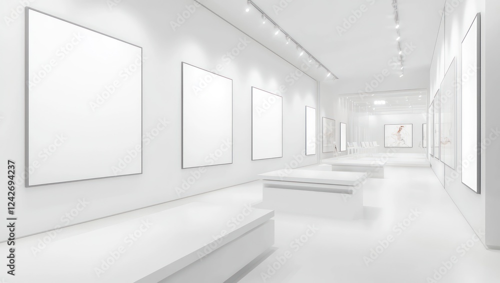Fototapeta premium White gallery room with blank frames, soft lighting, and minimalist style, ideal for art presentations