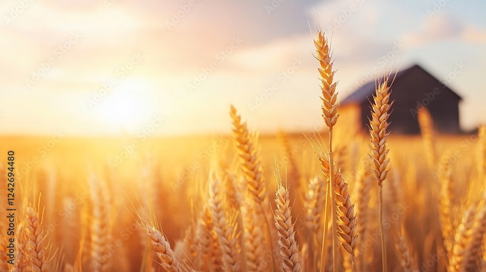 Golden wheat field sunset; rural barn background; harvest imagery Golden wheat field sunset; rural barn background; harvest imagery