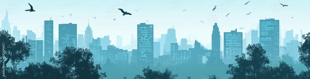 Naklejka premium Misty city skyline with birds flying over skyscrapers and trees.