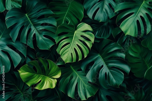 Lush tropical foliage, jungle leaves background, vibrant green, nature texture, design backdrop photo