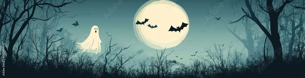 Spooky Halloween scene with ghost, bats, full moon, and dark forest. Spooky Halloween scene with ghost, bats, full moon, and dark forest.