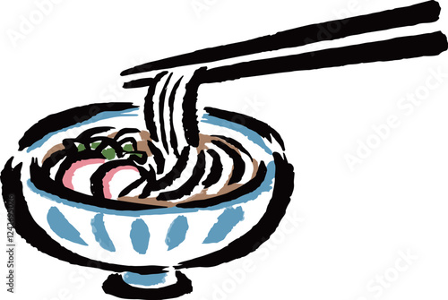 うどんを箸でつかむ　筆タッチ手描きイラスト