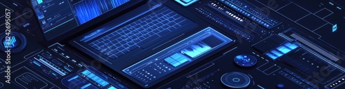 Wallpaper Mural Abstract digital data visualization with glowing blue interfaces and charts on laptop screens. Torontodigital.ca