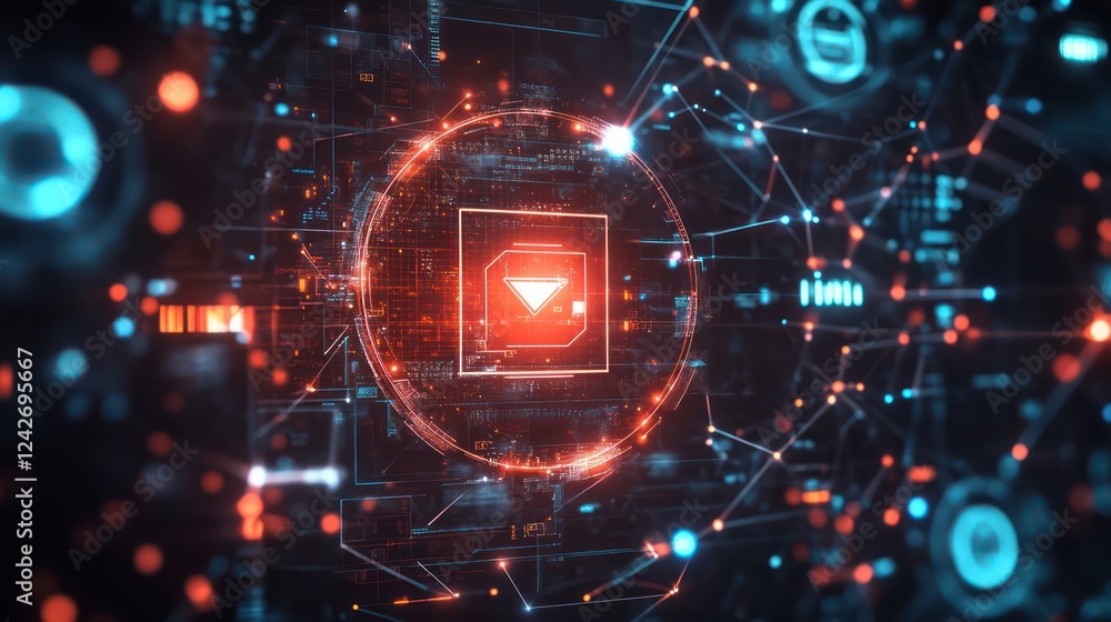 Obraz premium Cybersecurity defense concept, with a glowing shield protecting sensitive digital data, surrounded by a network