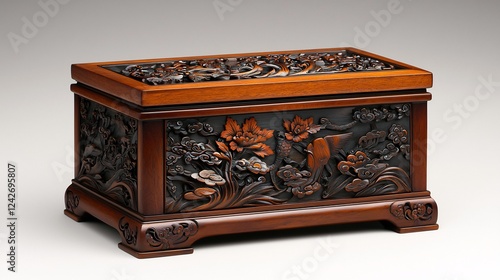 Intricate floral carved wooden box; studio shot, Asian art, decorative storage