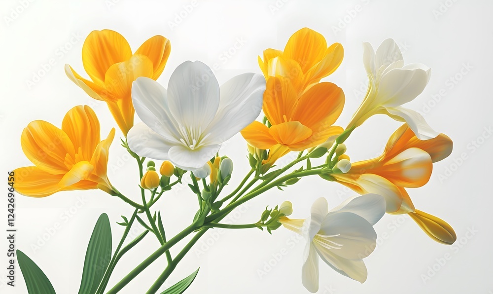 White and orange freesia flowers bouquet, spring bloom, bright background, for greeting cards White and orange freesia flowers bouquet, spring bloom, bright background, for greeting cards
