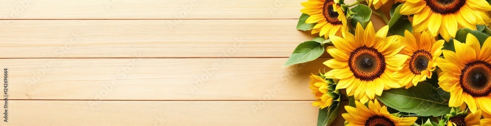 Obraz premium Vibrant sunflowers arranged on a light wood background, creating a cheerful, summery scene.