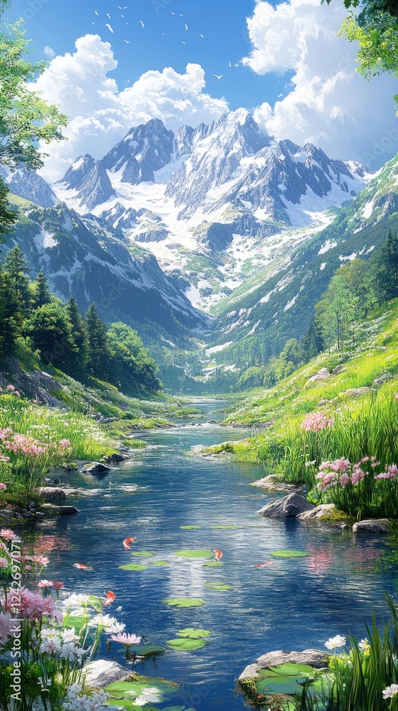 Fototapeta premium Mountain river valley serene landscape idyllic spring background