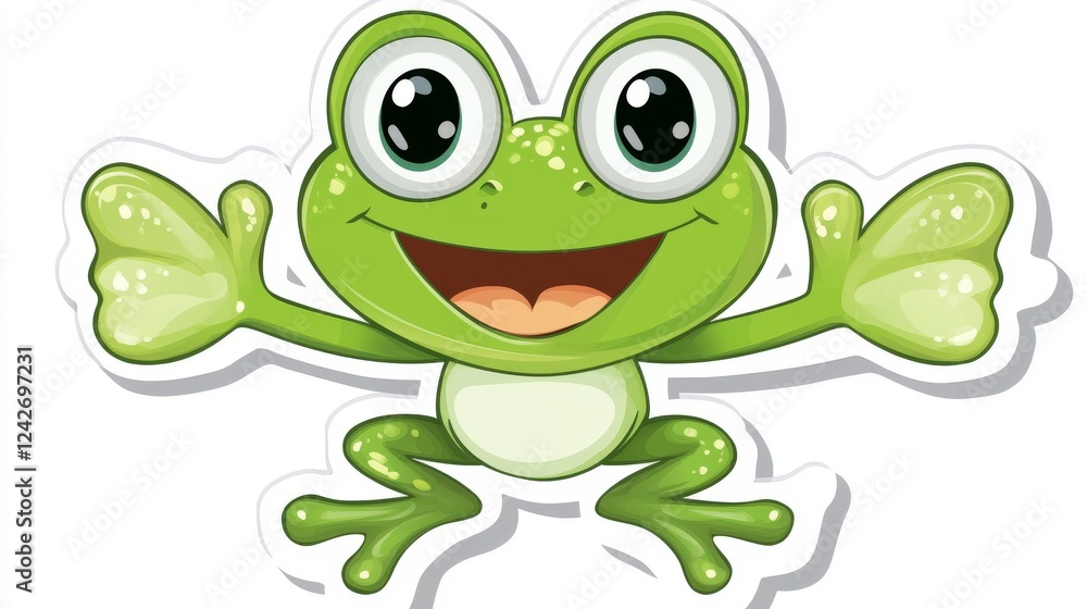 Obraz premium Happy cartoon frog sticker, arms outstretched, against white background, perfect for children's products