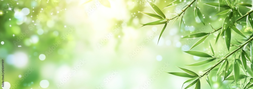 Lush green bamboo leaves in a sunlit forest, bokeh background. Lush green bamboo leaves in a sunlit forest, bokeh background.