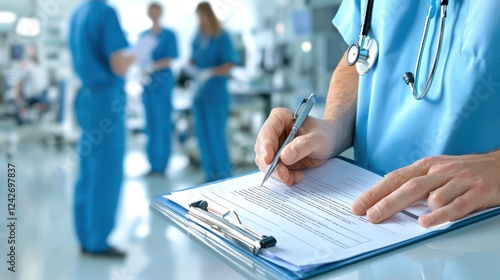 A healthcare professional writing on a clipboard in a clinical setting.