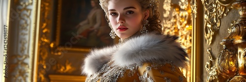 Russian czarina in opulent royal dress with fur-trimmed accessories set against golden decor