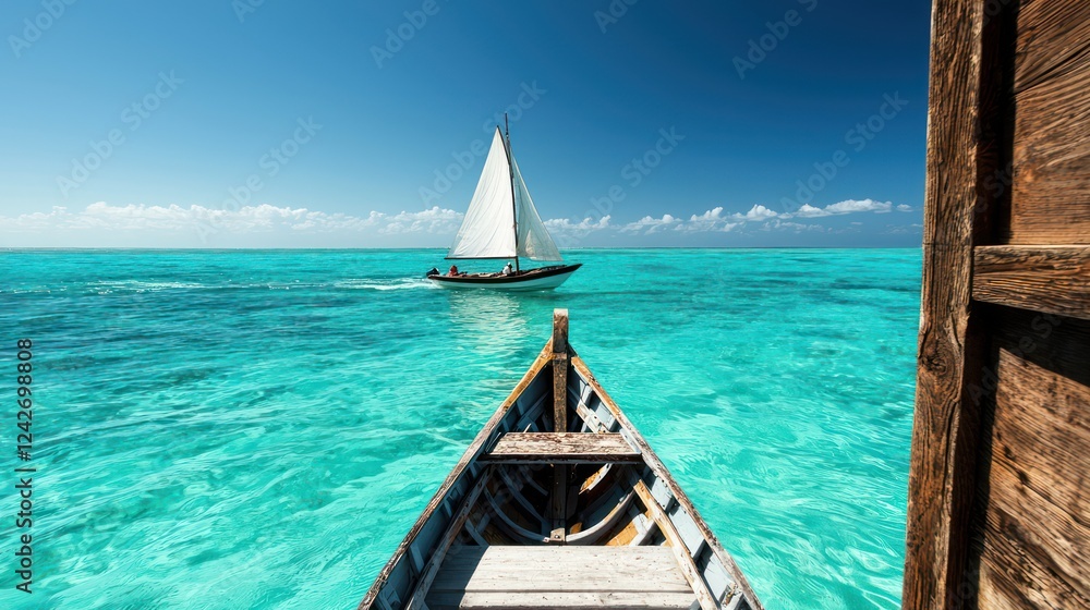 Obraz premium A serene view of a sailboat gliding through crystal-clear turquoise waters.