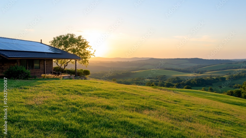 Hilltop house sunset view, green fields. Peaceful rural landscape Hilltop house sunset view, green fields. Peaceful rural landscape