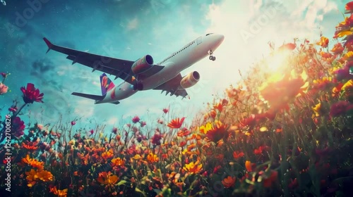 Wallpaper Mural A passenger plane flies in the sky over a blooming garden Torontodigital.ca