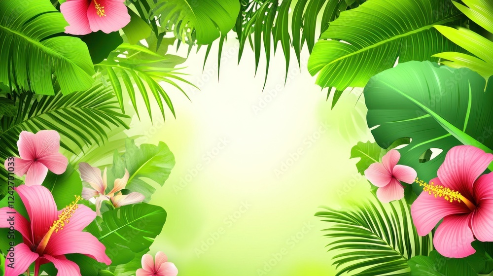 Fototapeta premium Lush tropical foliage and hibiscus flowers frame a bright background.