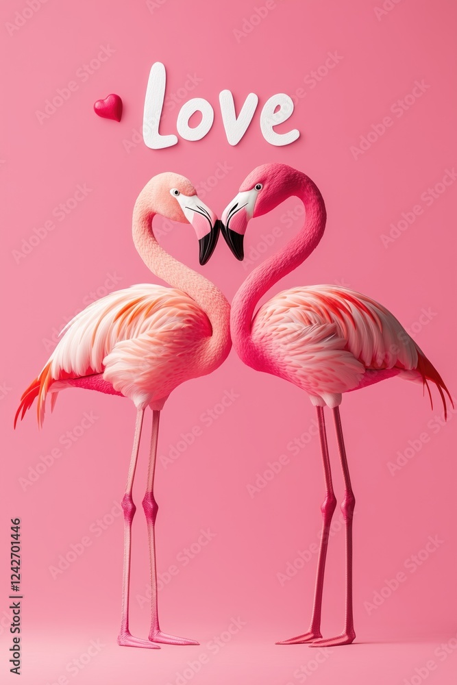 Fototapeta premium Two Flamingos Forming a Heart Shape Against a Pink Background with 'Love' Text