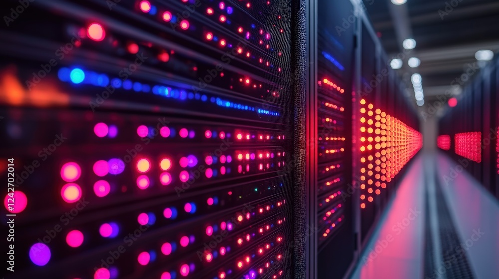 Close-up view of illuminated server racks in a data center with vibrant LED lights (1) Close-up view of illuminated server racks in a data center with vibrant LED lights (1)