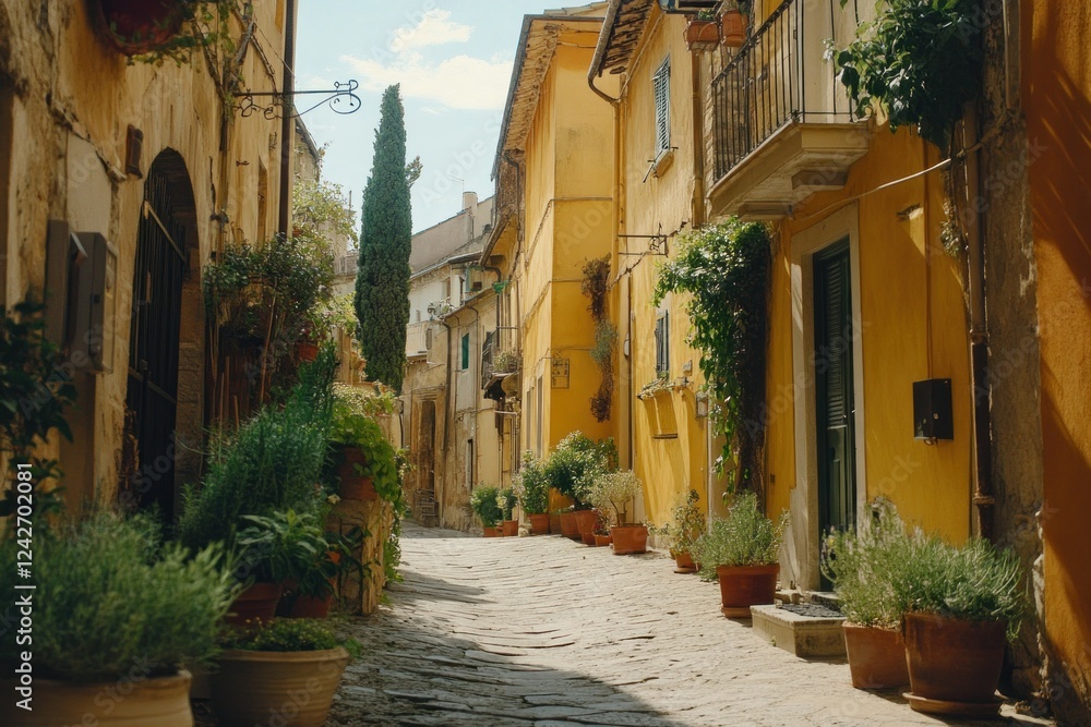 Obraz premium Sunlit cobblestone alleyway in historic European town, lined with yellow buildings, potted plants, and trees.