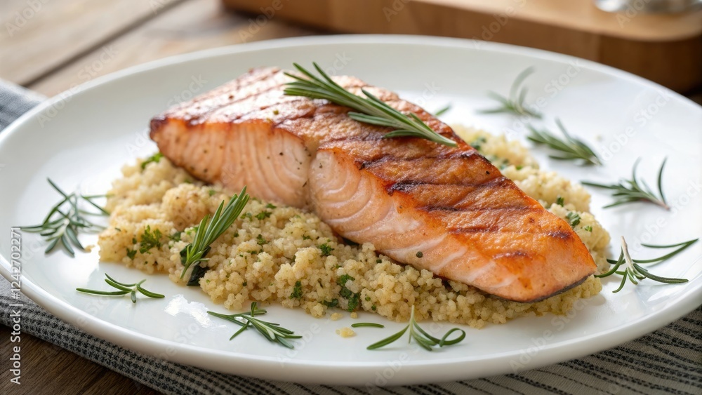 Freshly grilled salmon fillet on a bed of quinoa surrounded by fragrant herbs, atop a white plate, food, grilled, healthy, ingredients Freshly grilled salmon fillet on a bed of quinoa surrounded by fragrant herbs, atop a white plate, food, grilled, healthy, ingredients
