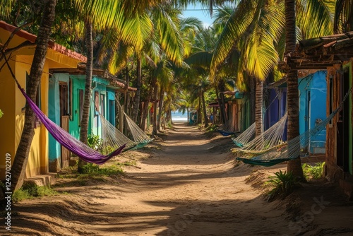 Colorful beach huts line a sandy path under palm trees, hammocks hanging invitingly. photo