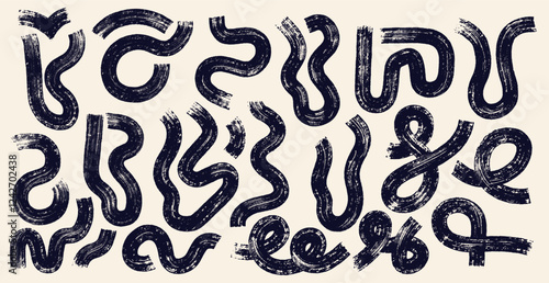 Set of vector squiggles, brush stroke doodles wavy lines. Drawn creative spirals and swirls for graphic design. Template abstract dynamic lines. Black bold vector curly dry brush strokes and dots.