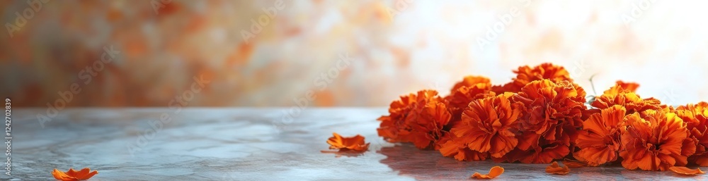 Orange marigold flowers on a gray surface with blurred background. Orange marigold flowers on a gray surface with blurred background.