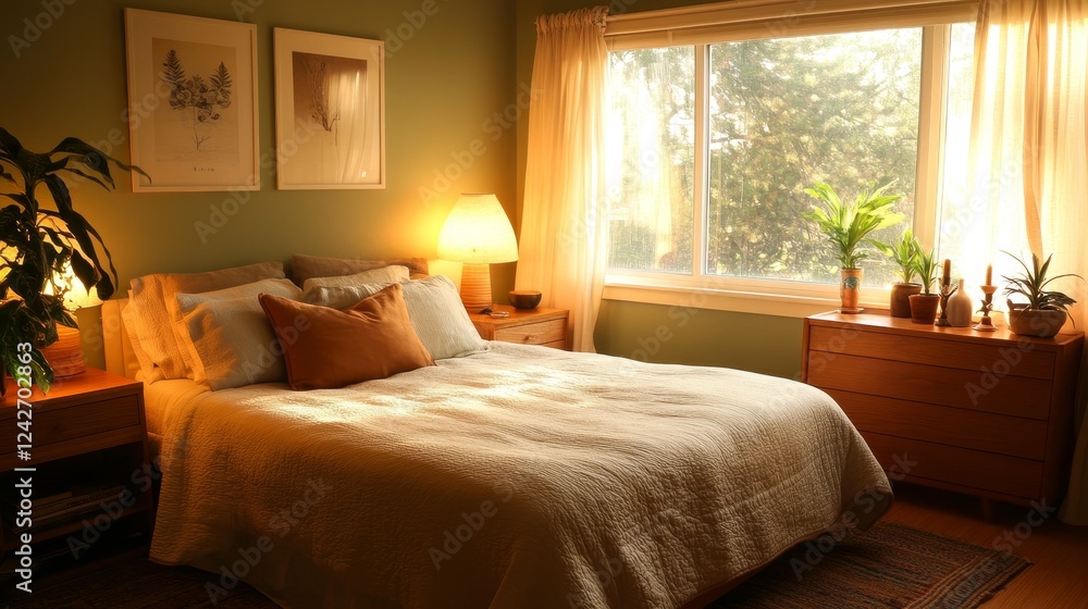 Fototapeta premium Cozy Eco-Friendly Bedroom with Organic Elements and Natural Light for Relaxation
