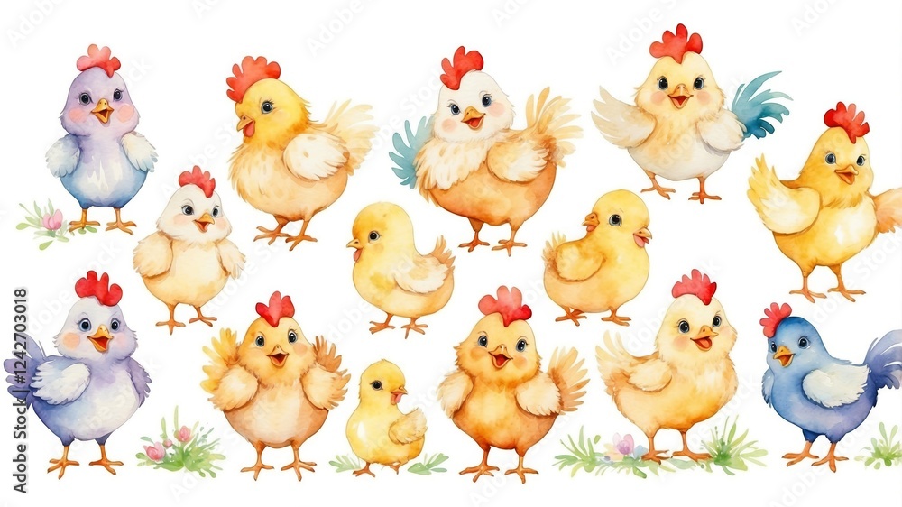Naklejka premium Colorful collection of cartoon chicks in various poses on a white background