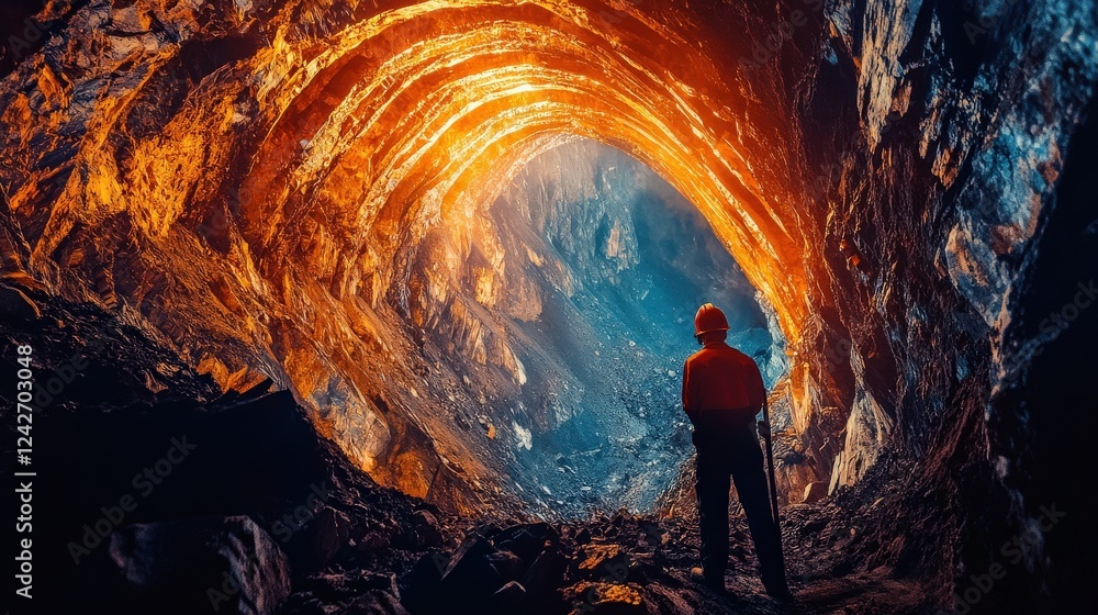 Obraz premium A miner gazes into a stunningly illuminated cave, showcasing vibrant rock formations and deep shadows