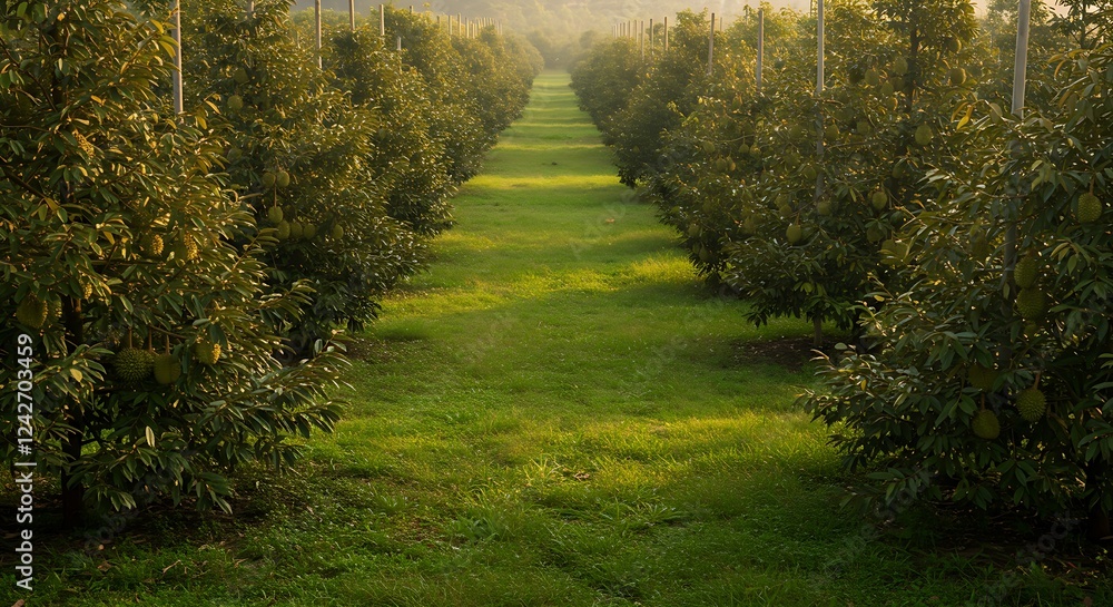 Obraz premium A durian plantation with rows of durian trees stretching into the distance.