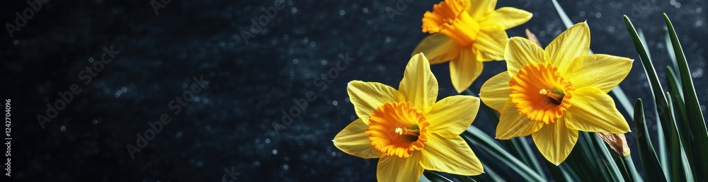 Three vibrant yellow daffodils with orange centers, set against a dark textured background. Three vibrant yellow daffodils with orange centers, set against a dark textured background.