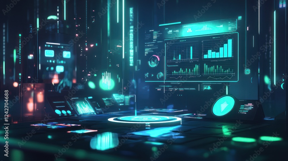 Naklejka premium Futuristic digital interface with glowing data visualizations and graphs on a dark background.