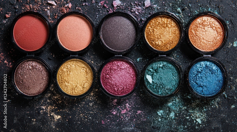 Colorful Makeup Eyeshadows and Blushes Arranged Neatly Colorful Makeup Eyeshadows and Blushes Arranged Neatly