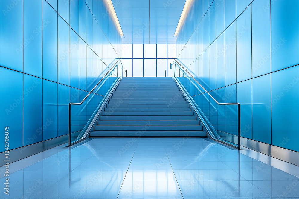 Modern blue staircase in contemporary architecture with bright lighting and copy space
Modern blue staircase in contemporary architecture with bright lighting and copy space