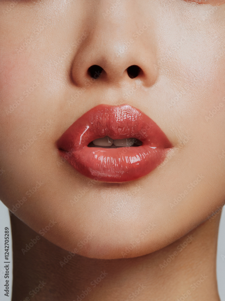Obraz premium Close-up of lips with coral red pink lipstick or lip gloss