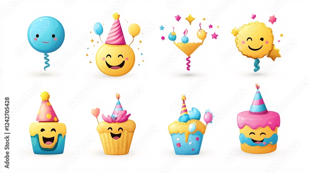 Fototapeta premium Cartoon characters with party hats, confetti, balloons, and cake are celebrating a birthday