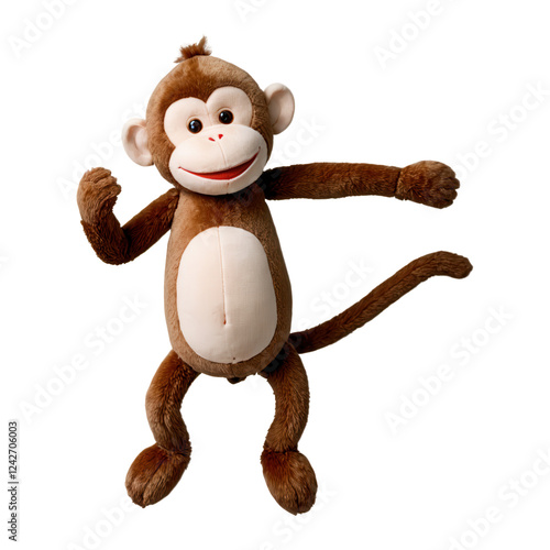 A plush toy monkey with a cheeky grin and a soft, brown body, hanging playfully, isolated on a transparent background photo