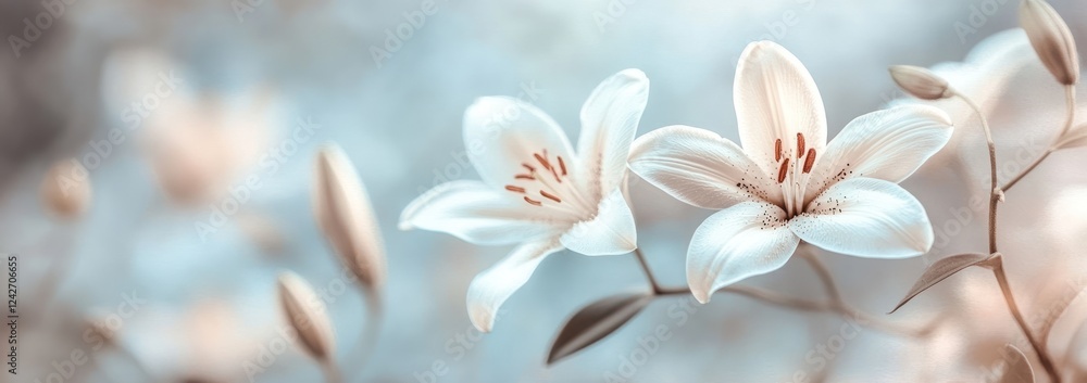Naklejka premium Two delicate white lilies in soft focus, blooming outdoors.