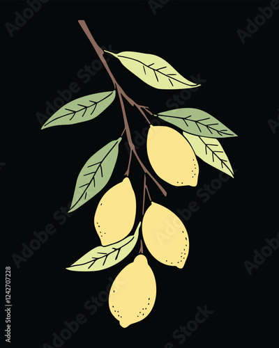 Fresh lemons hanging from a branch, Hand-drawn Vector Illustration