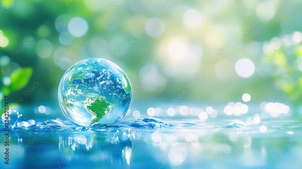 Beautiful Earth Day Concept with Globe in Water Environment Surrounded by Green Plants and Soft Light Reflections for Global Awareness Beautiful Earth Day Concept with Globe in Water Environment Surrounded by Green Plants and Soft Light Reflections for Global Awareness