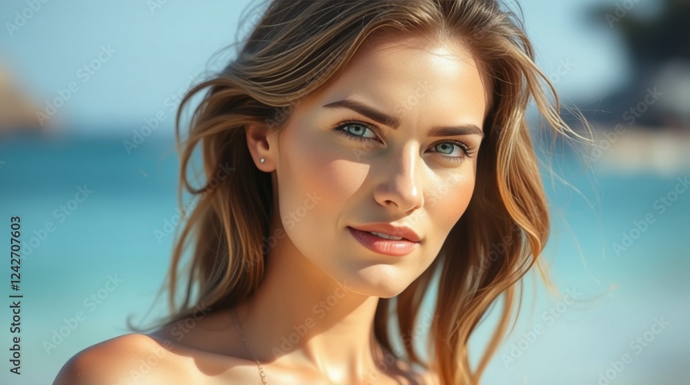 Golden Hour Beauty: Photorealistic Portrait of a Sun-Kissed Model on the Beach Golden Hour Beauty: Photorealistic Portrait of a Sun-Kissed Model on the Beach