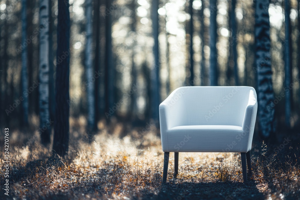A solitary white armchair sits serenely in a sun-dappled forest clearing, evoking a sense of tranquility and peace. A solitary white armchair sits serenely in a sun-dappled forest clearing, evoking a sense of tranquility and peace.