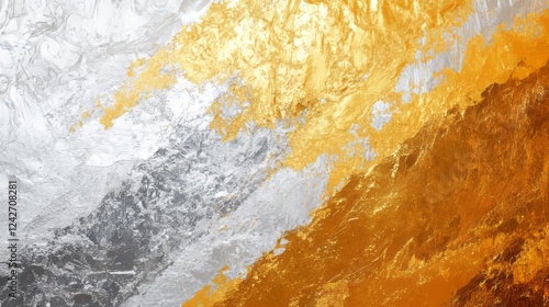 Abstract composition featuring contrasting silver and gold textures with dynamic brush strokes