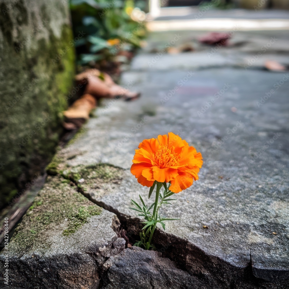 Single orange marigold blooming from a crack in a stone pathway. Single orange marigold blooming from a crack in a stone pathway.