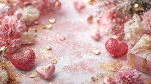 Valentine mockup card and heart background minimal. Valentine s Day Still Life with Sparkling Hearts Flowers and a Gift Wrapped Present.