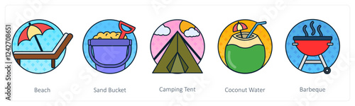 A set of 5 Travel icons as beach, sand bucket, camping tent
