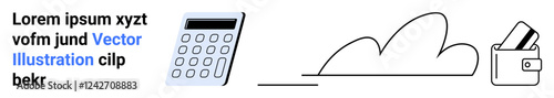 Calculator, cloud outline, and wallet with credit card highlight digital financial management. Ideal for finance, accounting, business, budgeting, online banking, payment systems and cloud